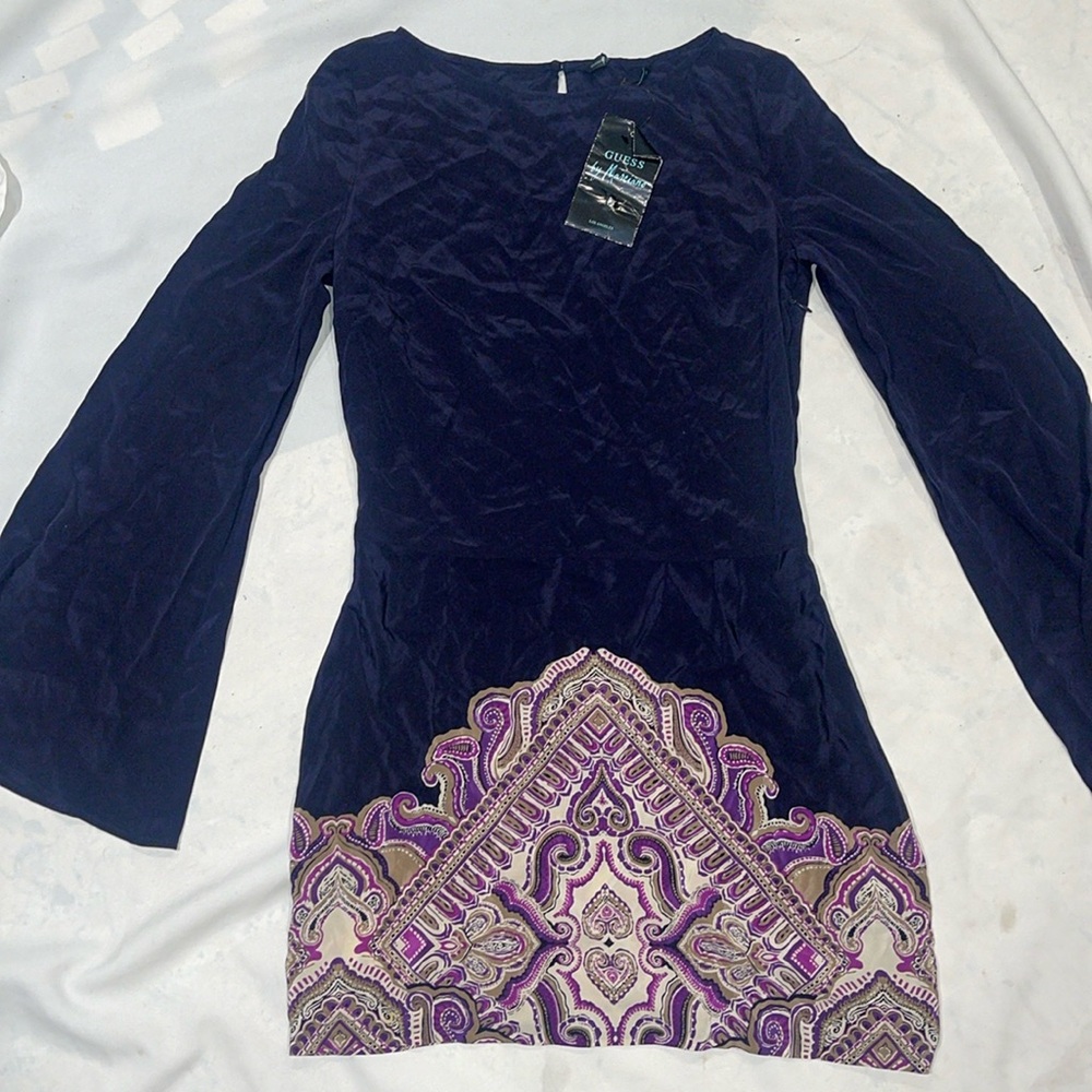 New Guess Marciano 100% Silk Bell Long Sleeve Paisley Navy Blue Dress S